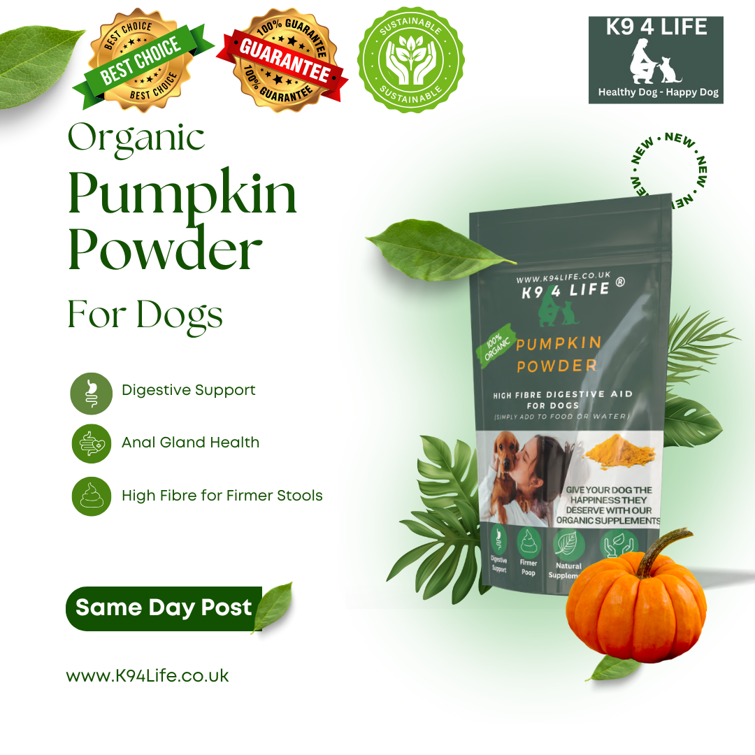 K9 4 Life Pumpkin Powder For Dogs, High Fibre, Natural Digestive Prebiotic Supplement, Stops Scooting, Constipation & Diarrhoea.