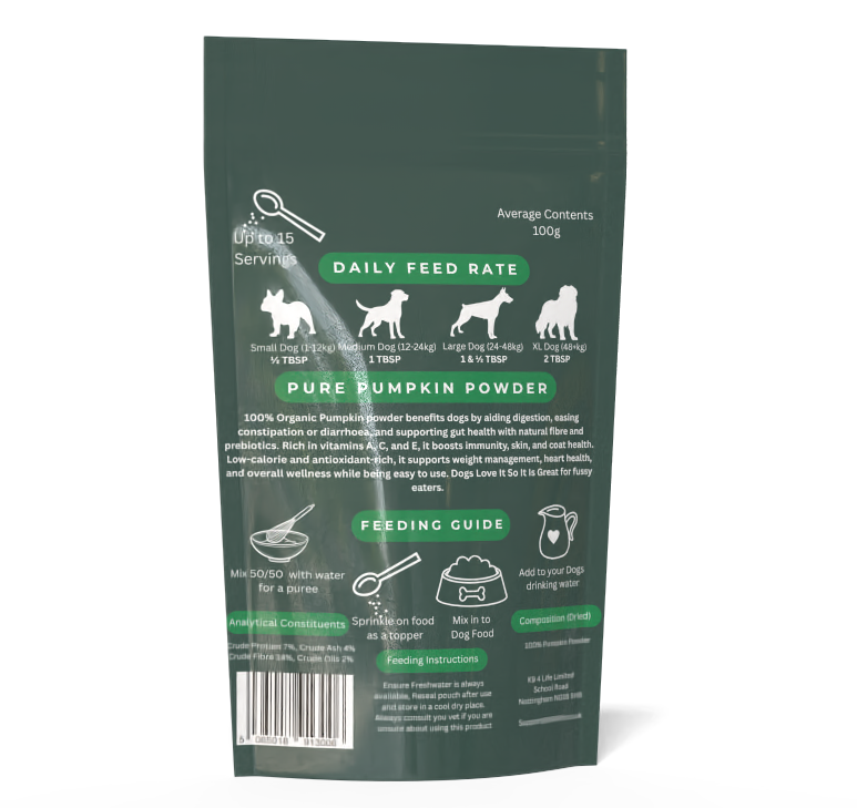 K9 4 Life Pumpkin Powder For Dogs, High Fibre, Natural Digestive Prebiotic Supplement, Stops Scooting, Constipation & Diarrhoea.