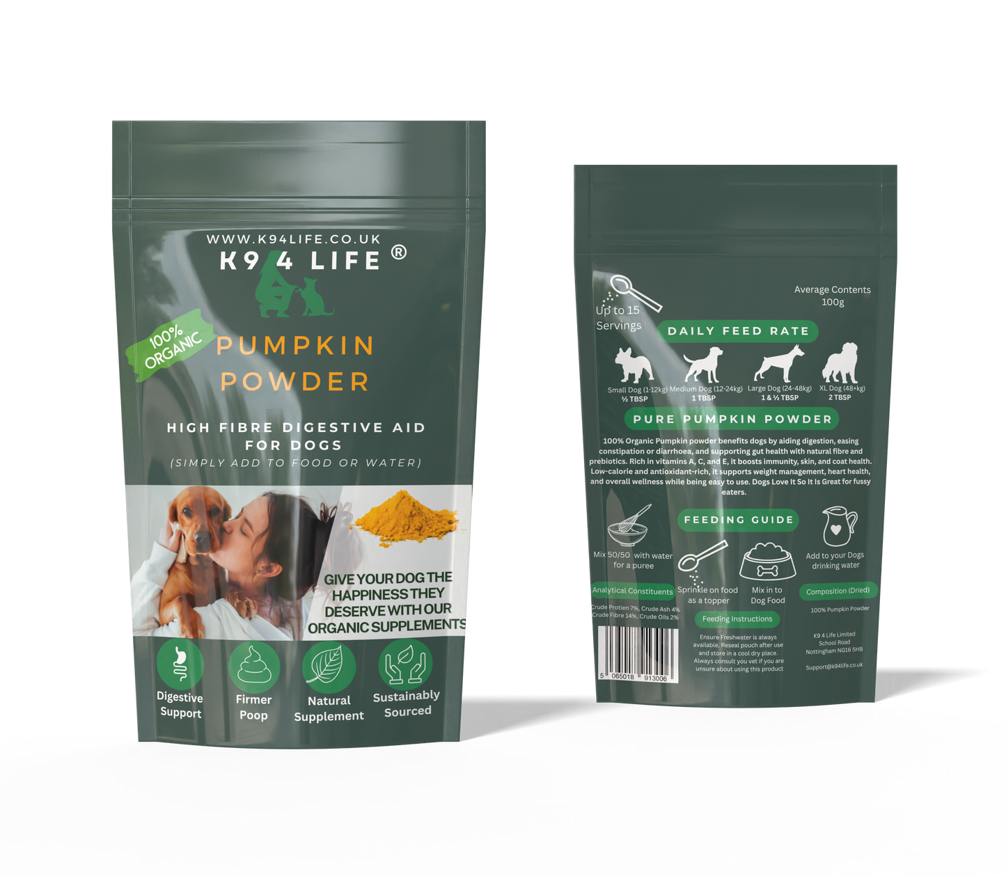 K9 4 Life Pumpkin Powder For Dogs, High Fibre, Natural Digestive Prebiotic Supplement, Stops Scooting, Constipation & Diarrhoea.