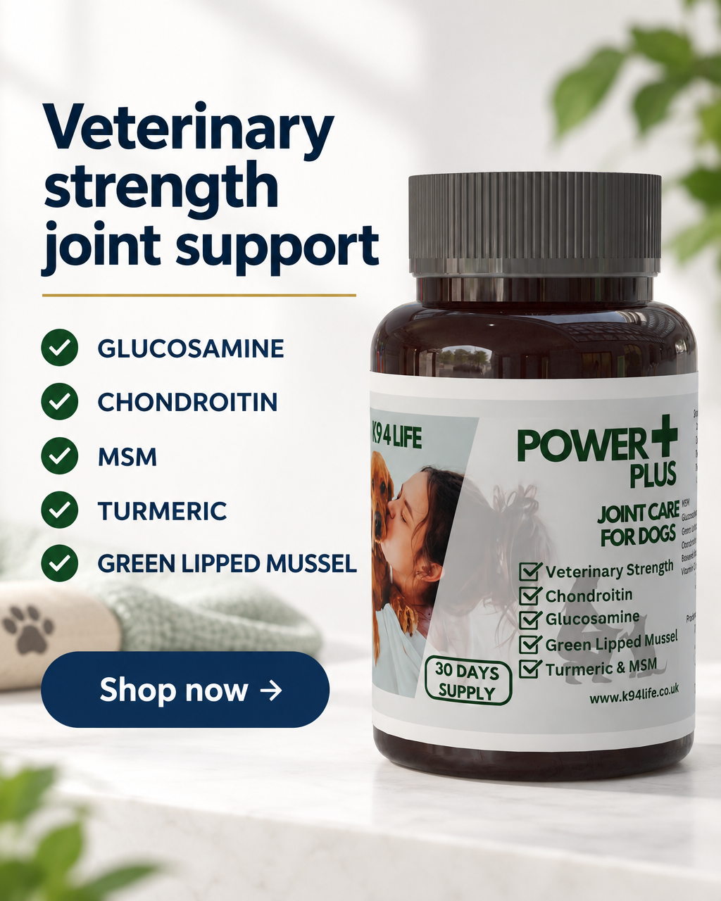 Power Plus Joint Care Supplement for Extra Large Dogs. Eases Stiff Joints and Movement with Glucosamine, Chondroitin, MSM, Turmeric and Green Lipped Mussel.