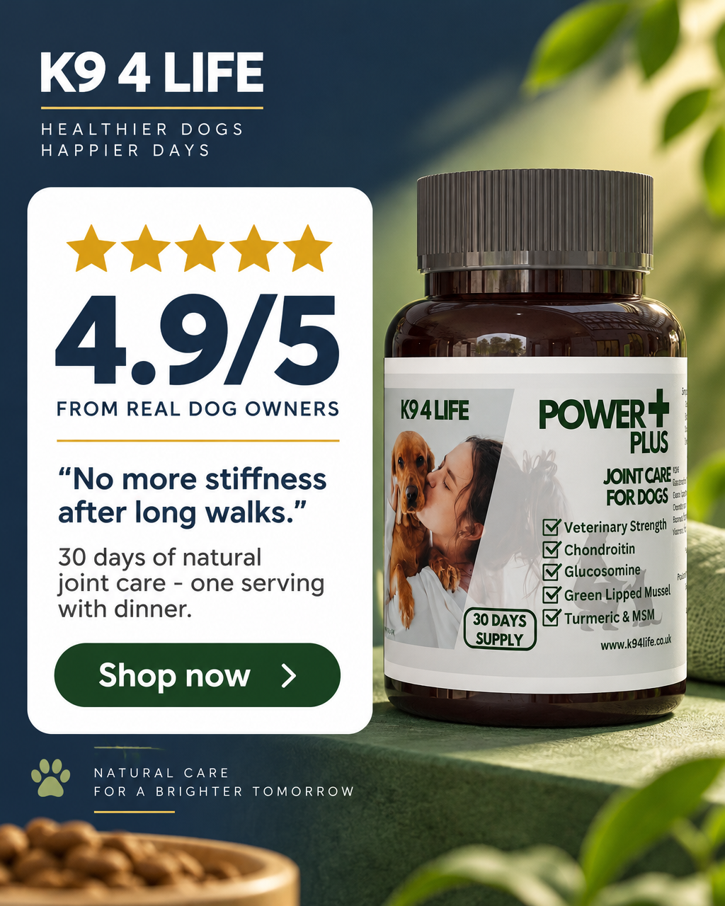Power Plus Joint Care Supplement for Extra Large Dogs. Eases Stiff Joints and Movement with Glucosamine, Chondroitin, MSM, Turmeric and Green Lipped Mussel.