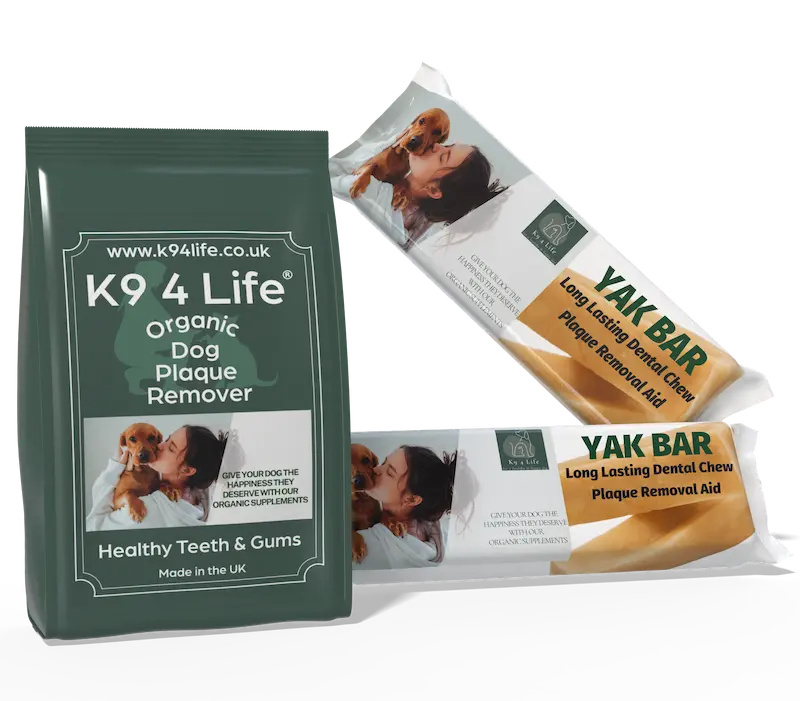 K9 4 Life Organic Dog Plaque Remover with two Yak Bar dental chews
