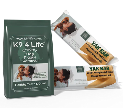 K9 4 Life Organic Dog Plaque Remover with two Yak Bar dental chews
