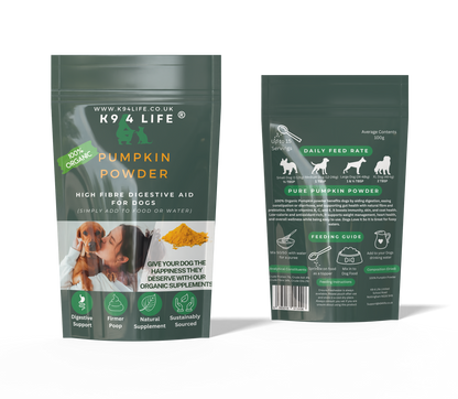 K9 4 Life Pumpkin Powder For Dogs, High Fibre, Natural Digestive Prebiotic Supplement, Stops Scooting, Constipation & Diarrhoea.