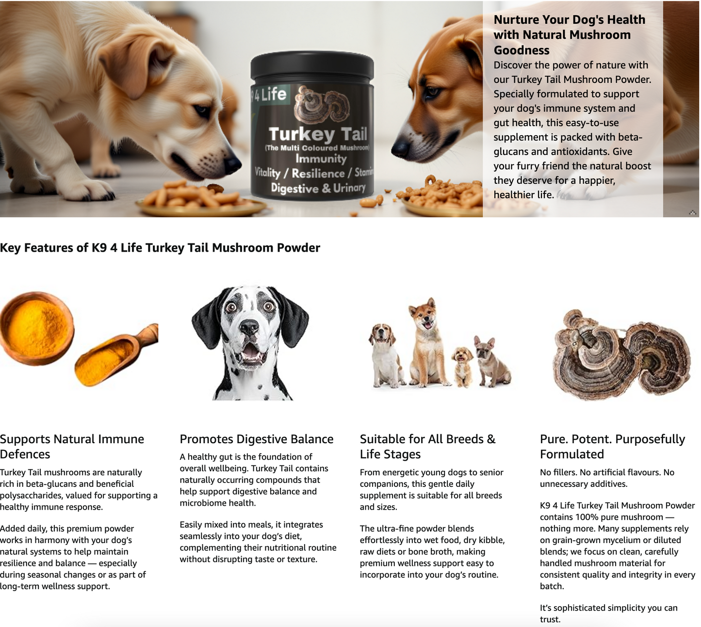 K9 4 Life Turkey Tail Mushroom Powder For Dogs - Vitality - Immunity - Gut - Urinary Health