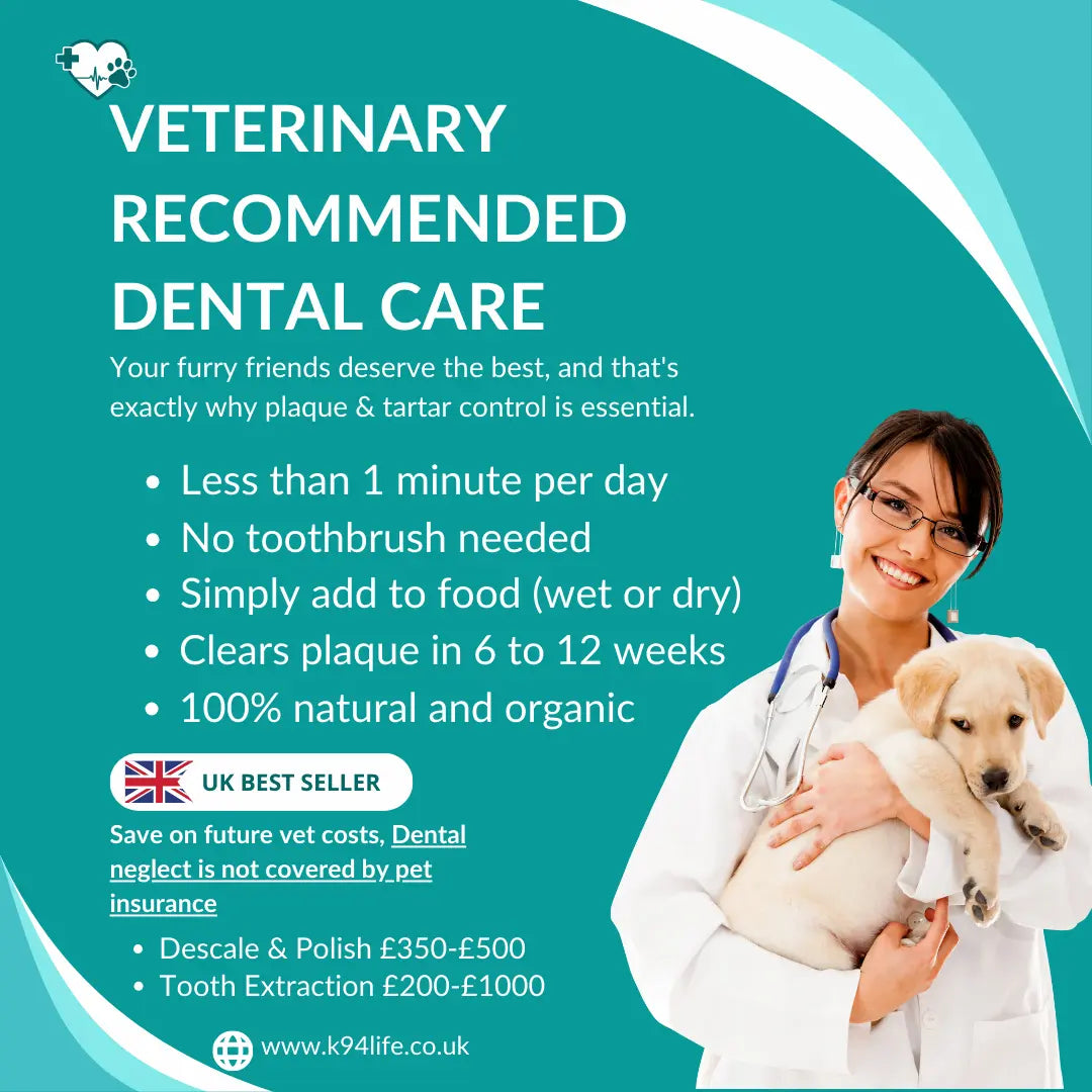 K9 4 Life Organic Dog Plaque Remover dental powder in a vet-approved product graphic