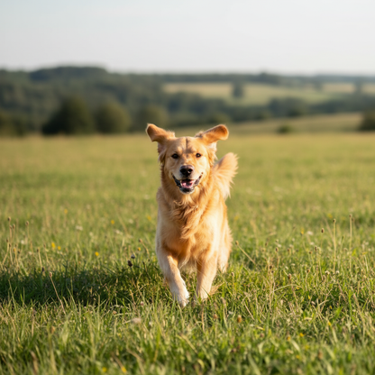 Happy healthy dog running in a sunny meadow after natural flea and tick protection